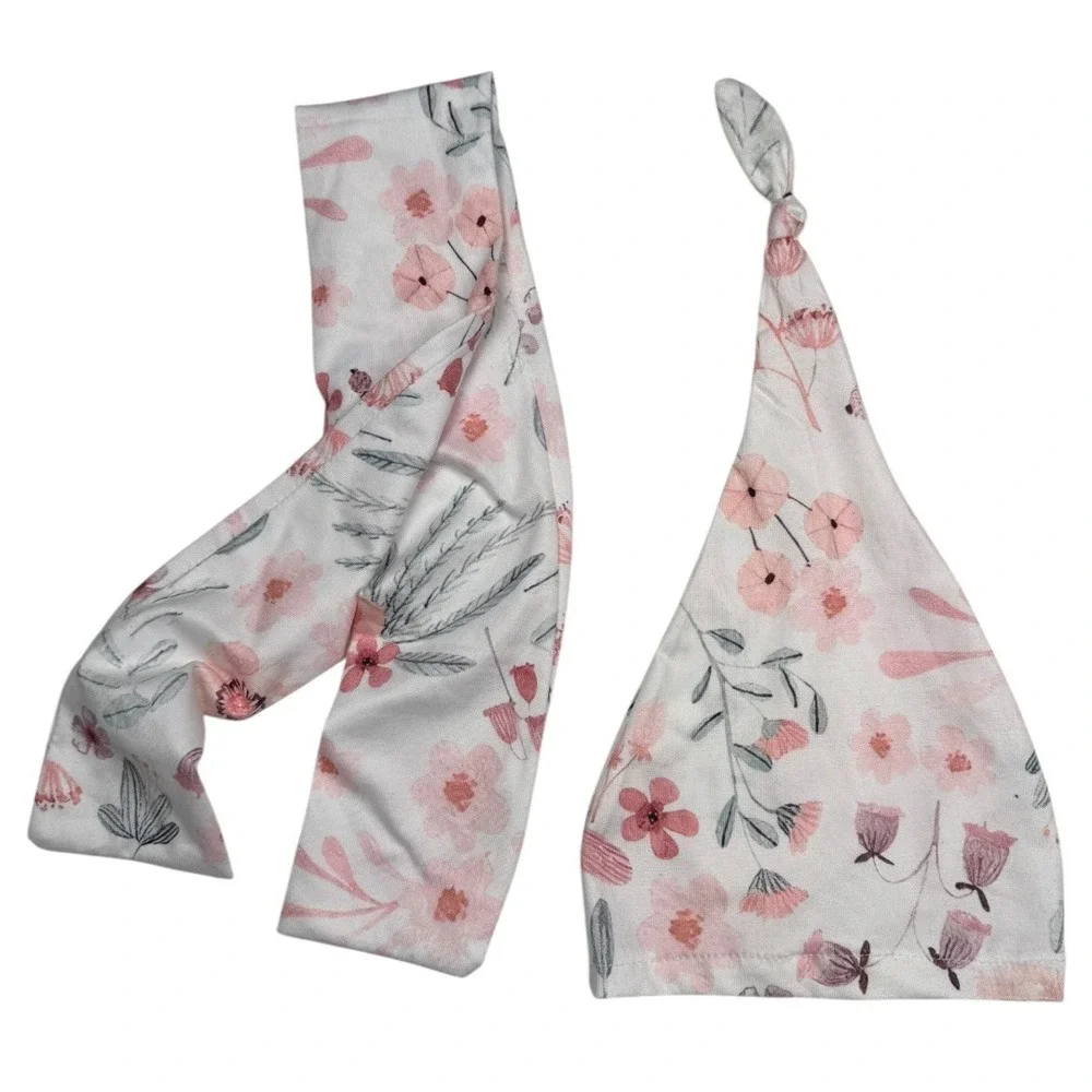 Baby Floral Hat and Headband Set‎ Newborn Infant Girl Pink White Flowers 335